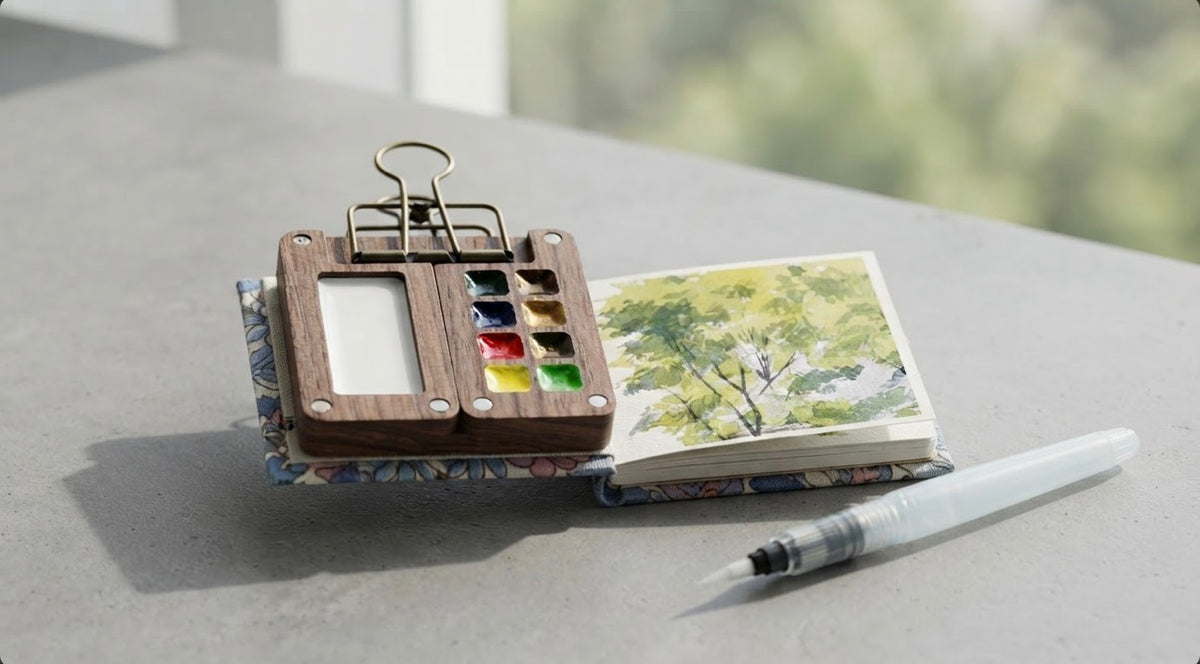 Kit aquarelle Encre & Silence avec palette en bois, tubes de peinture et carnet